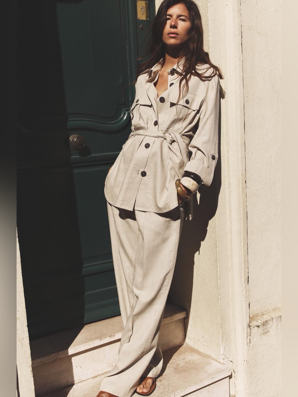 Zara Cream Belted linen Shirt Jacket and Pants Set
